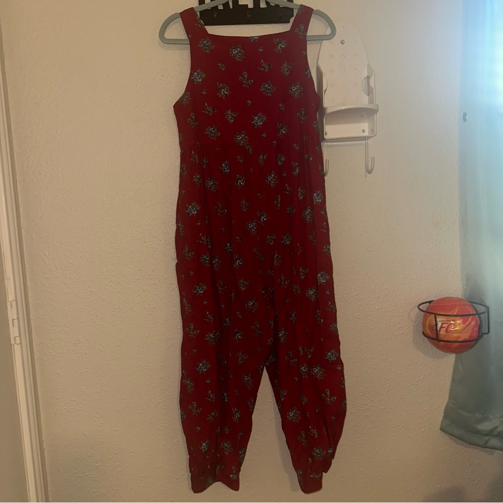 Laura Ashley 80s Red Floral Corduroy Jumpsuit Vintage Calico Romper Jumpsuit - Picture 3 of 7